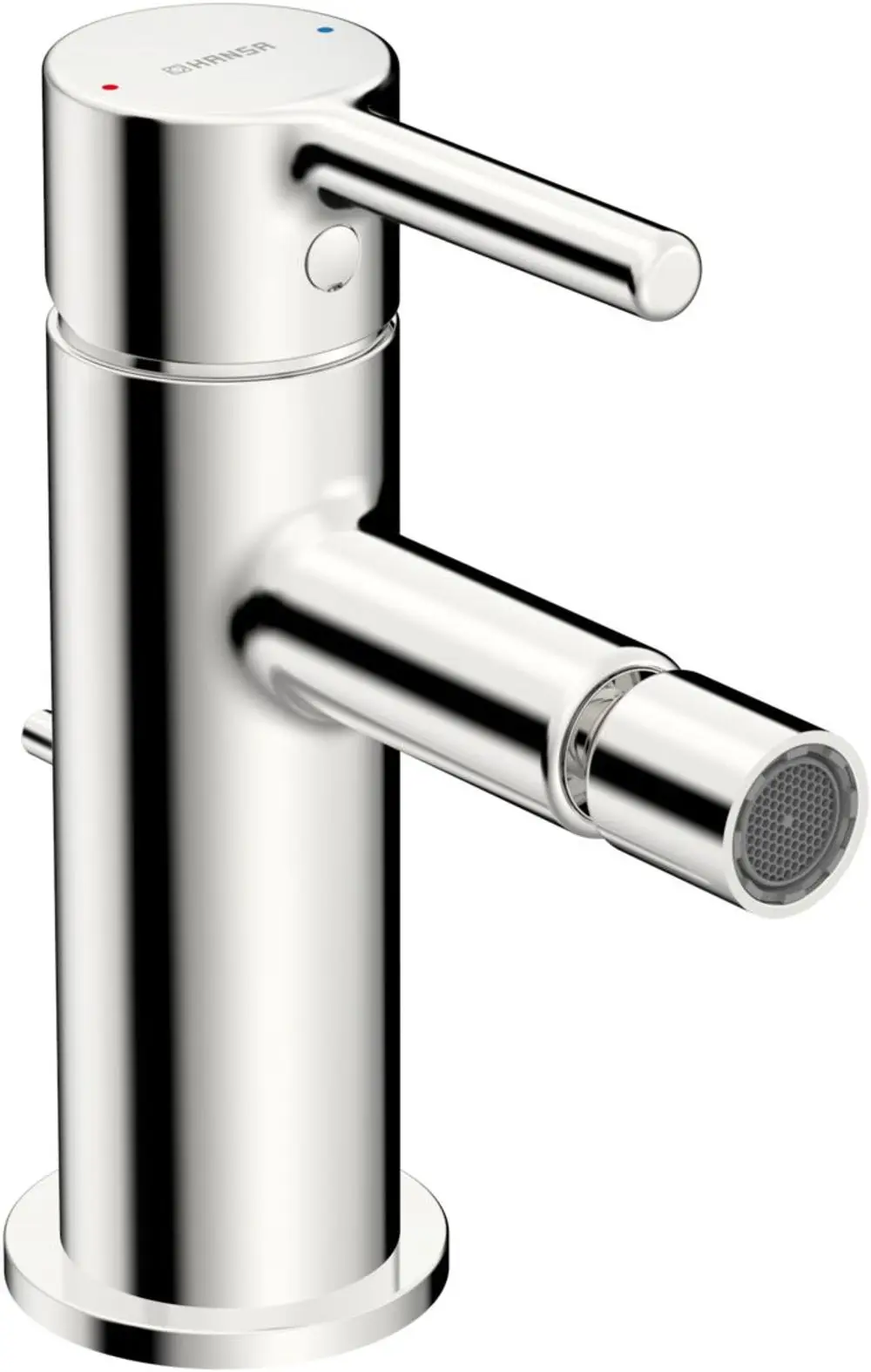 Bidetarmatur mit Hebel zum Wasserfluss und Temperaturregulierung. Ausführung in Chrom von HANSA. Der Auslauf hat ein Sieb zur Wasserverteilung.